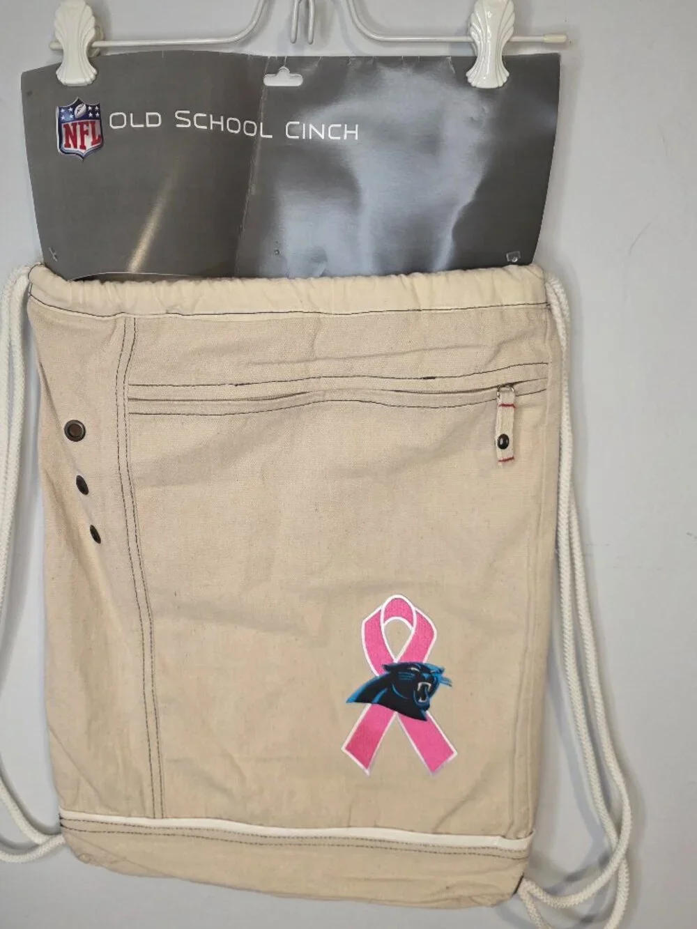 NFL Little Earth Old School Canvas Cinch Carolina Panthers Bag Breast Cancer NWT